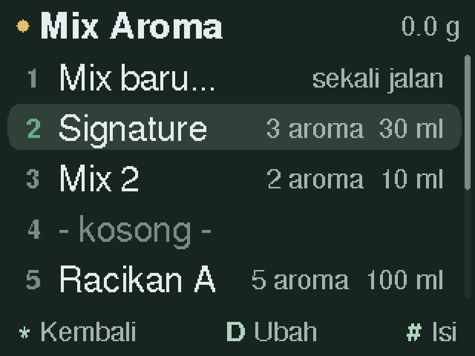Layar mesin untuk fitur "Mix Aroma"